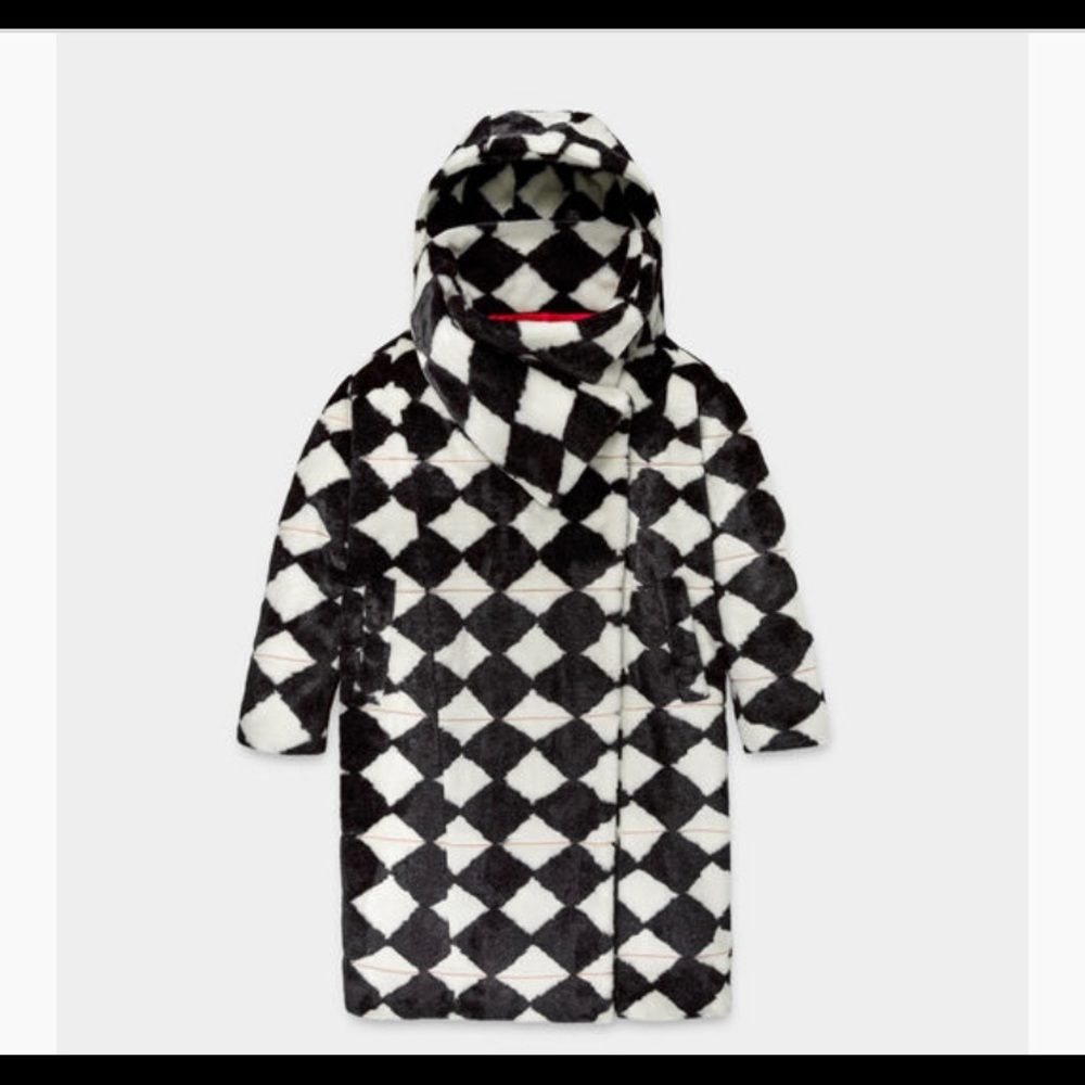 UGG Black and White Diamond Faux-Fur Hooded Coat